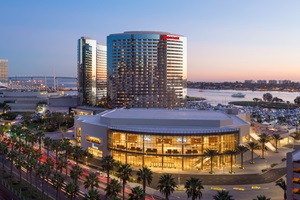 Exterior at dusk with Marriott Hall